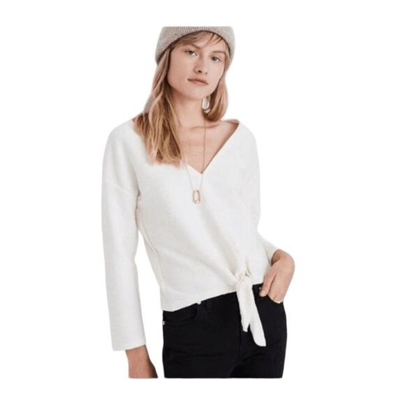 Madewell Texture & Thread Textured Tie-Front Top Ivory Knit Long-Sleeve V-Neck S - Picture 2 of 10